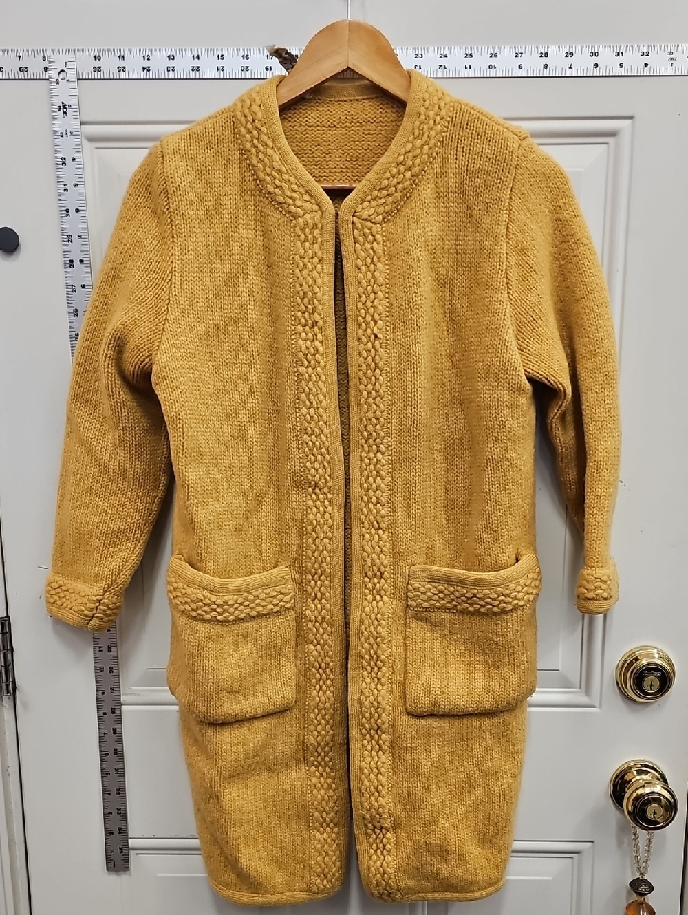 Mustard, Knit, Vintage, Long, Wool, Cardigan, Coat, Warm, Thick, Classic, Office